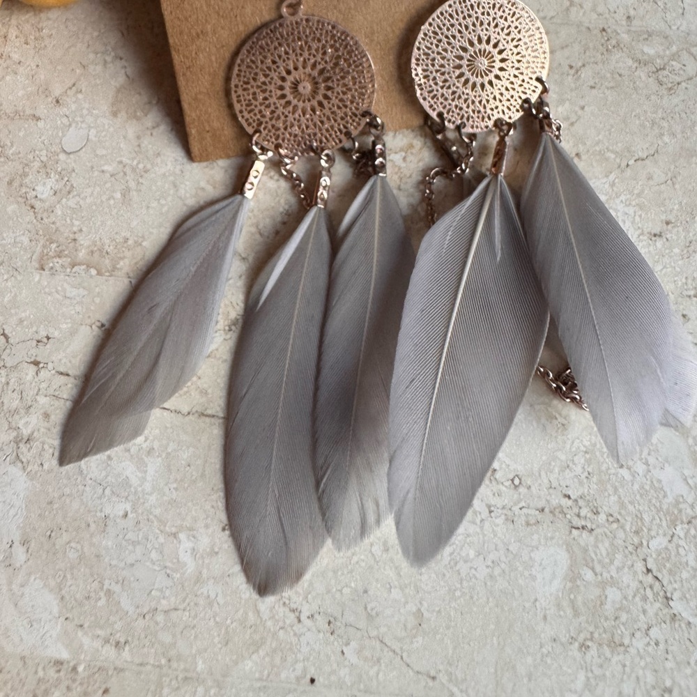 Boho Feather Dangle Earrings in Taupe - Lightweight Women’s Jewelry - Picture 4 of 4